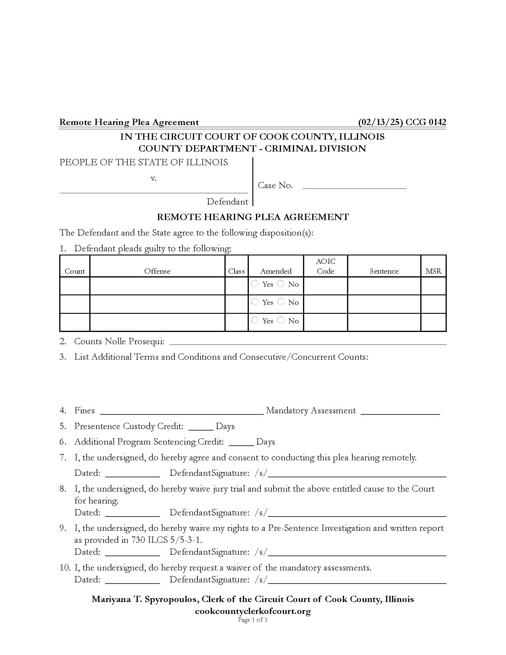 Remote Hearing Plea Agreement [CCG 0142] | Pdf Fpdf Docx | Illinois